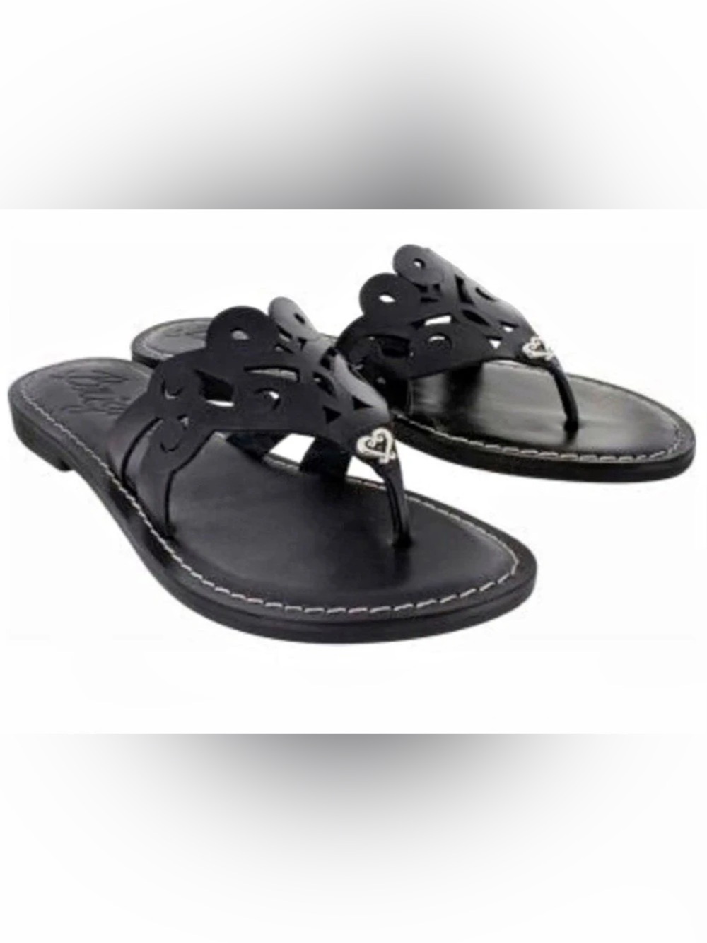 New Brighton ALEGRE Flat Thong Black Leather Laser-Cut Sandal